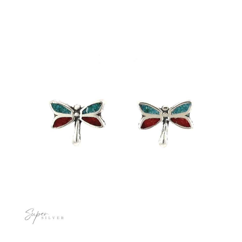 A pair of Dragonfly Coral and Turquoise Studs with coral and turquoise accents.