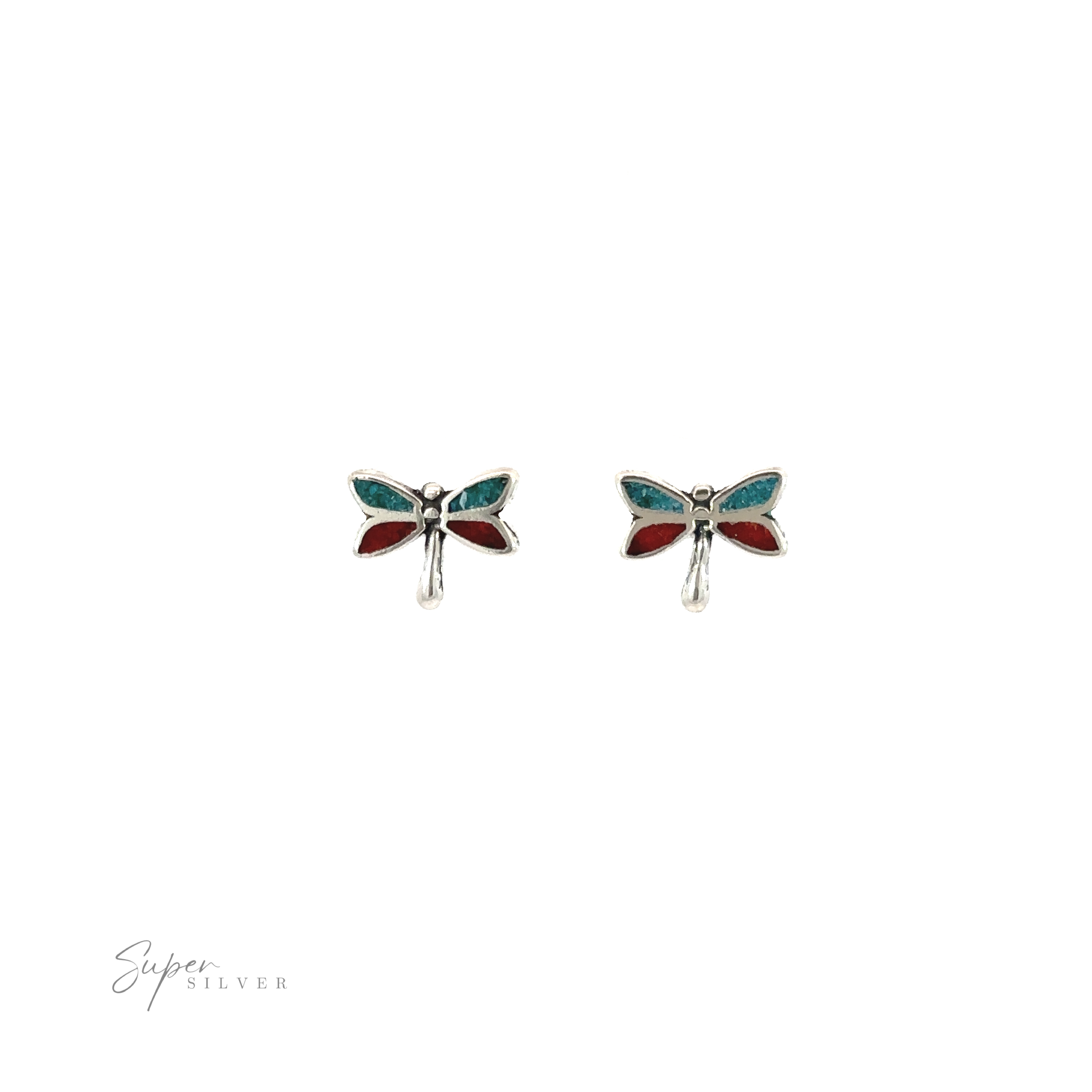 A pair of Dragonfly Coral and Turquoise Studs featuring coral and turquoise accents on a white background.