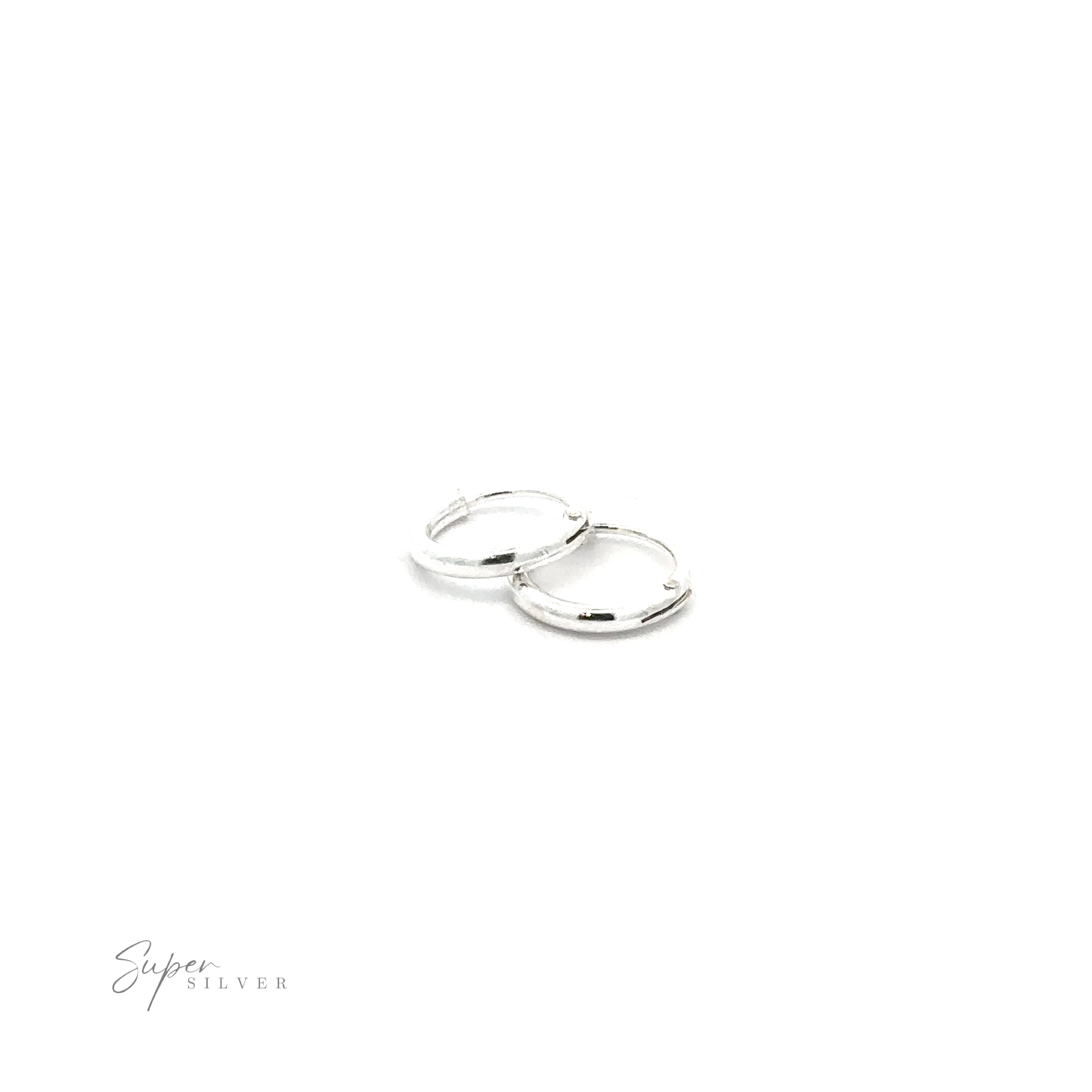 Two small 1.2mm Infinity Hoops made of .925 Sterling Silver on a white background with "Super Silver" text in the corner.