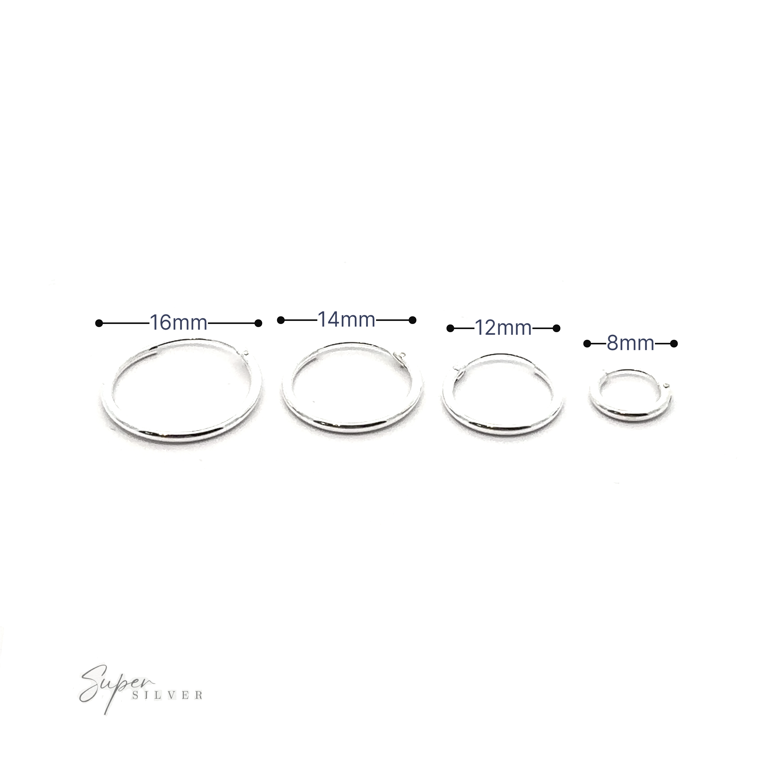 Four 1.2mm Infinity Hoops in .925 Sterling Silver, featuring varying diameters of 16mm, 14mm, 12mm, and 8mm, epitomize the timeless elegance of an infinity hoop design.