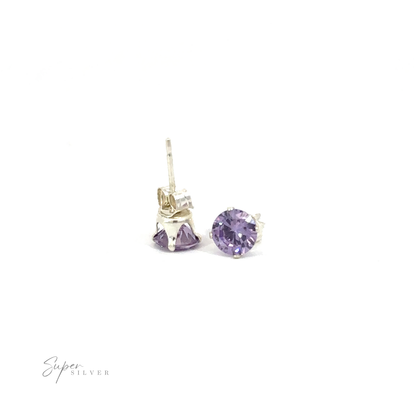 
                  
                    A pair of Round CZ Stud earrings with purple cubic zirconia gemstones on a white background.
                  
                