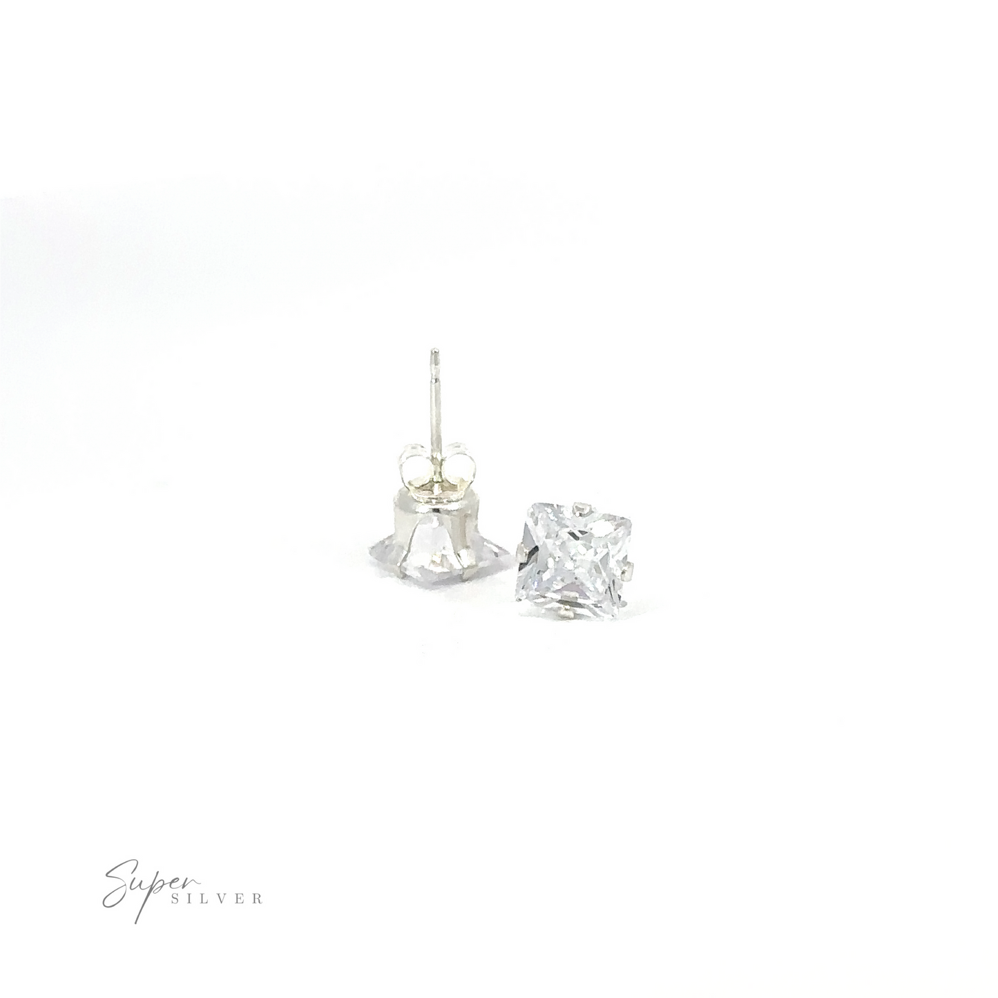 A pair of Square CZ Studs on a white background with the text "super silver" in cursive.