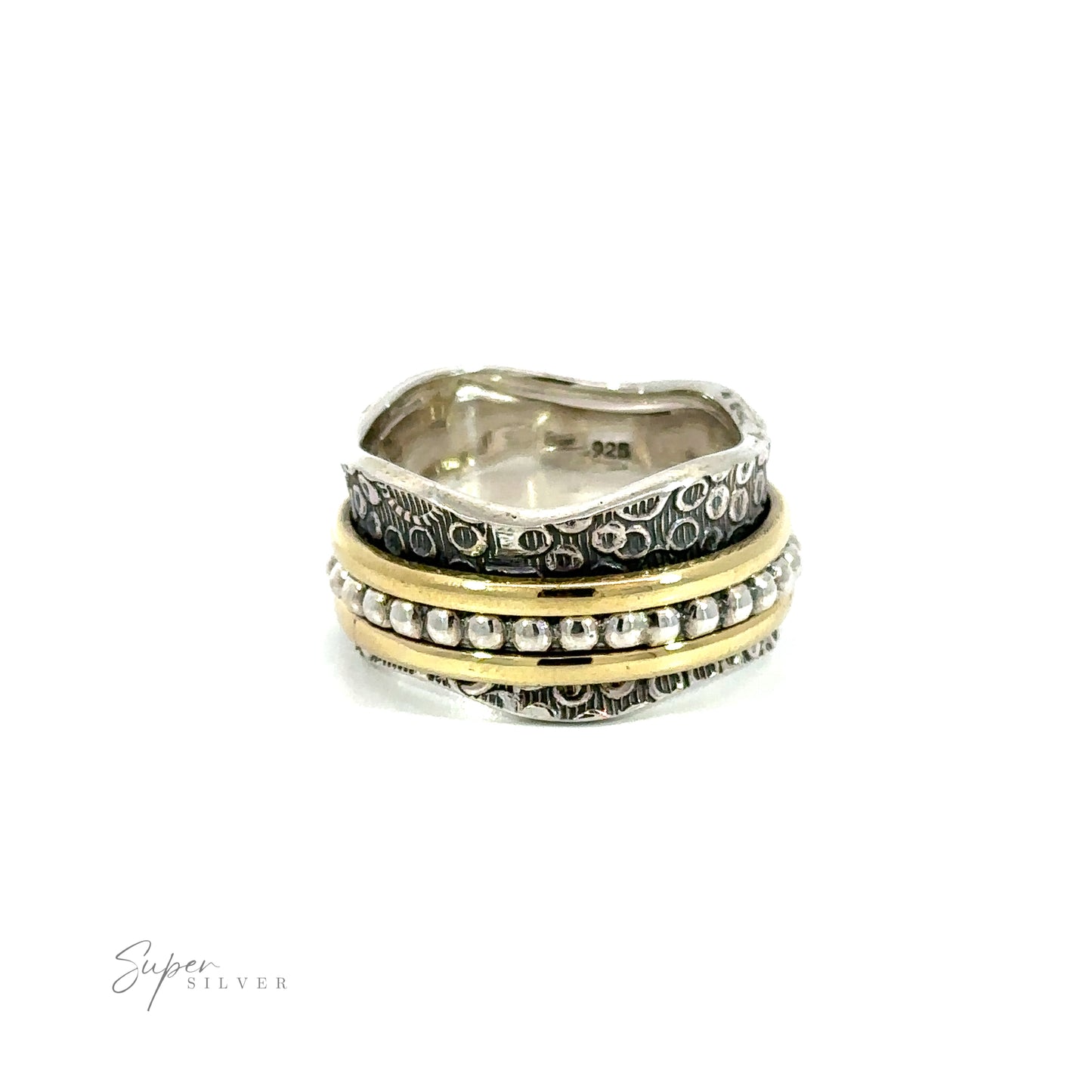 An Octopus Scale Handmade Etched Spinner Ring with 2 Gold Bands with a silver band and gold and silver beads.