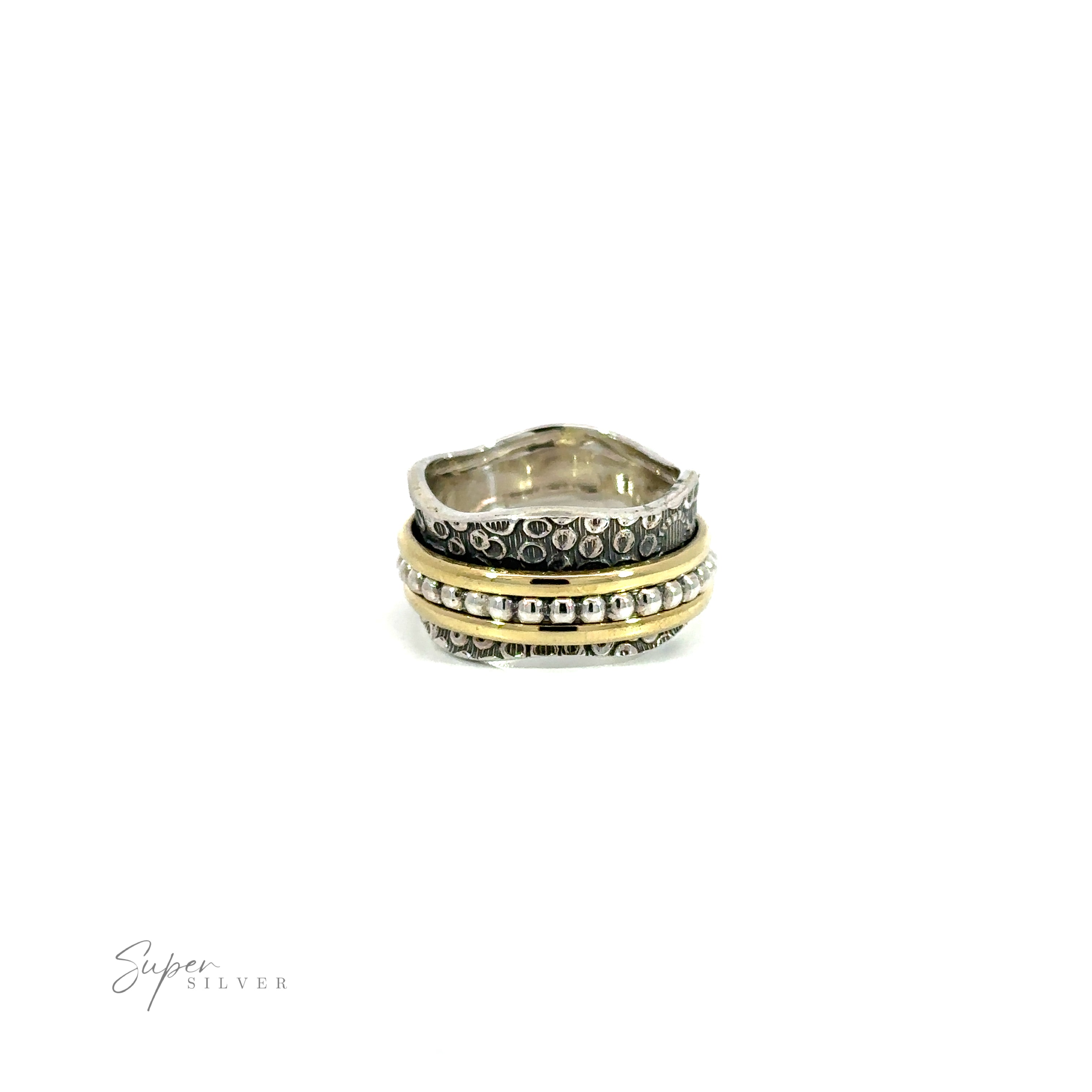 Description: A Octopus Scale Handmade Etched Spinner Ring with 2 Gold Bands and diamonds.
