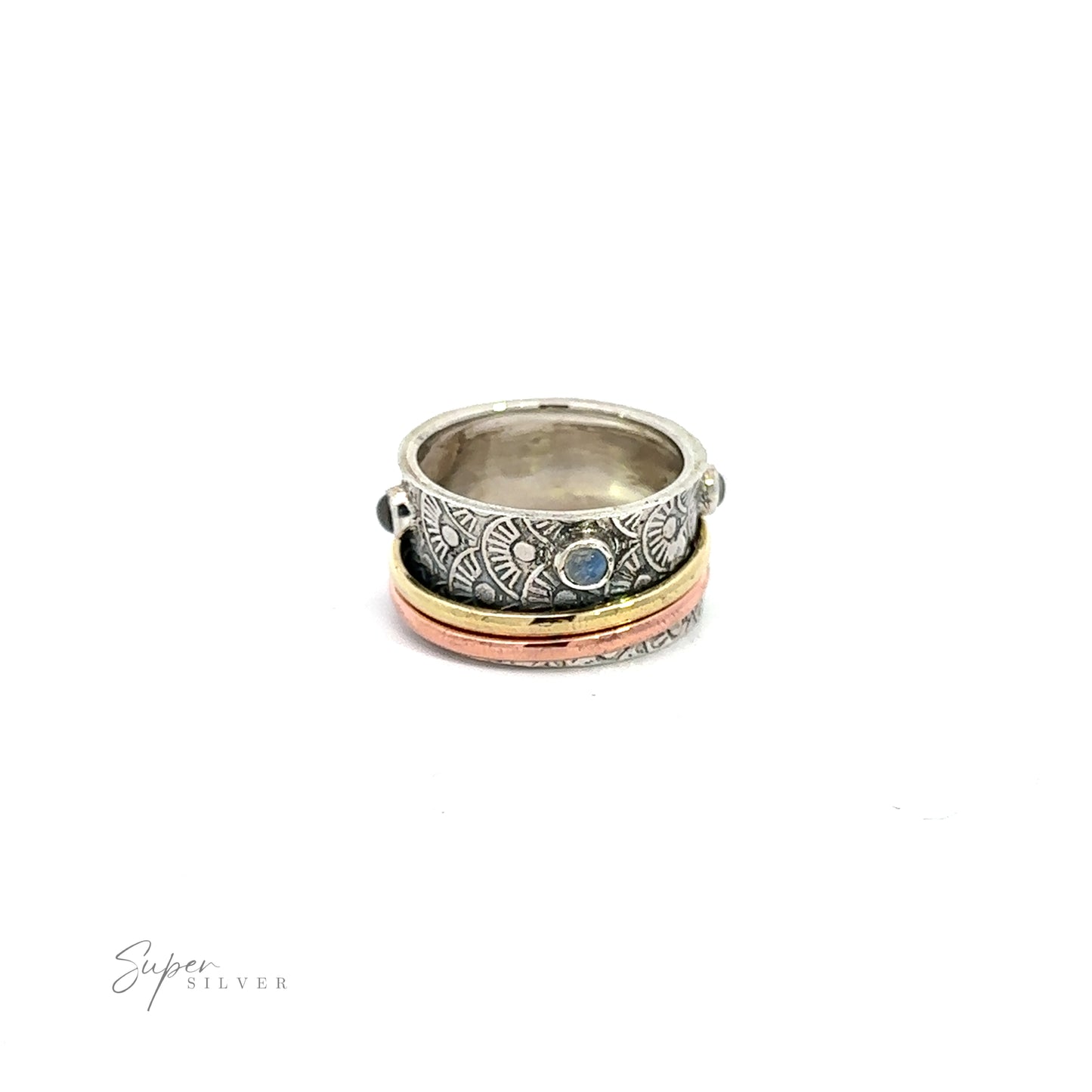 
                  
                    A Handmade Tricolor Spinner Ring with Moonstone Accents .925 Sterling Silver ring with a blue moonstone.
                  
                