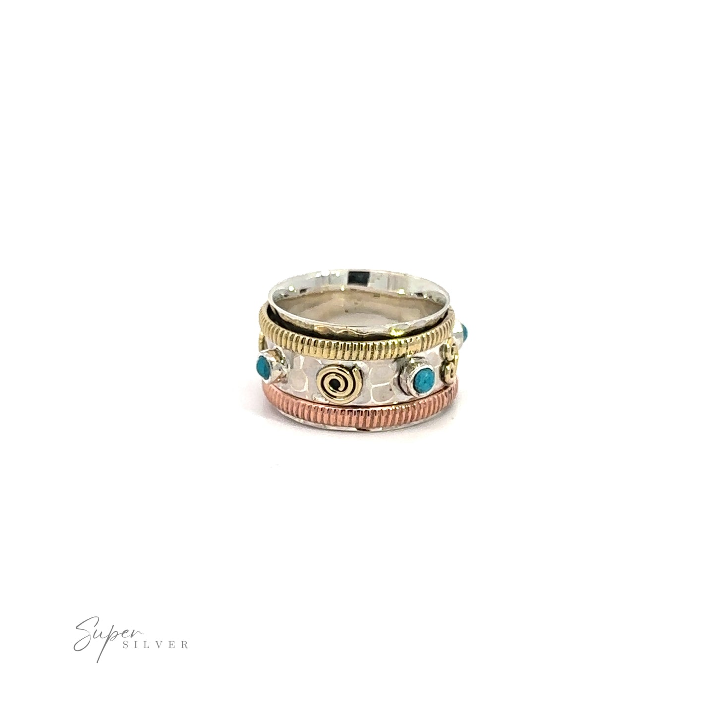 
                  
                    A Handmade Tricolor Turquoise Spinner Ring with turquoise stones and a silver band. The ring features a mixed metal design.
                  
                