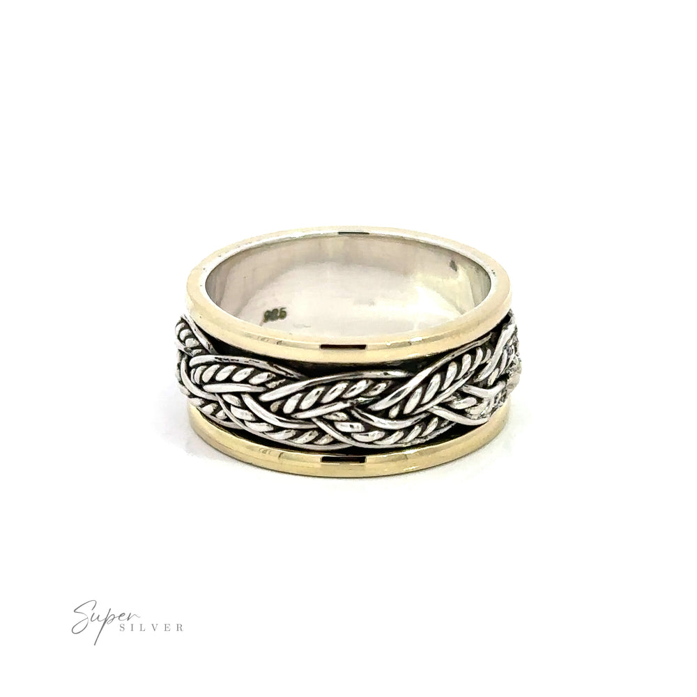 A Handmade Rope Spinner Ring gold plated silver ring with a braided design.