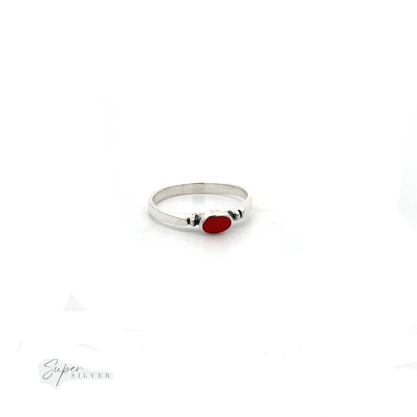 
                  
                    A dainty and sleek Small Horizontal Oval Inlay Ring with a red stone.
                  
                
