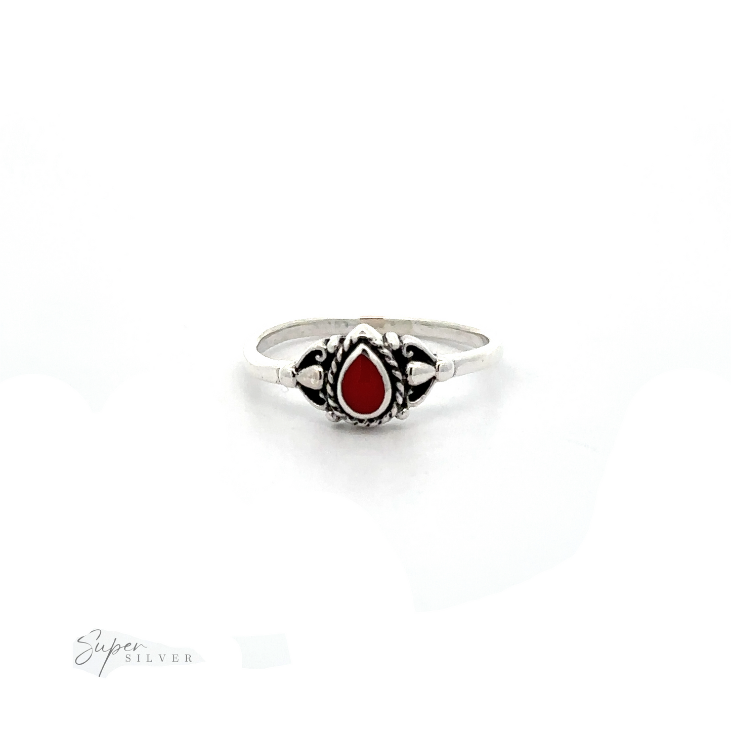 
                  
                    A Delicate Teardrop Inlay Stone Ring with Vintage Look with an inlaid red stone.
                  
                