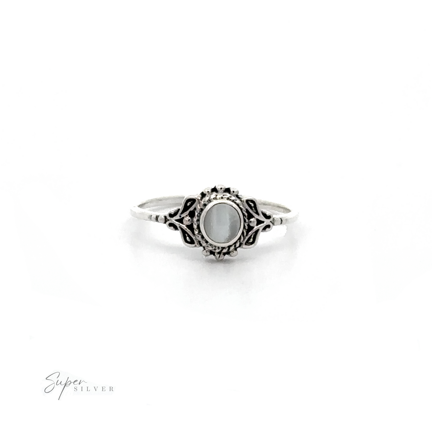 
                  
                    A Dainty Inlaid Stone Ring with Filigree in sterling silver with a white stone.
                  
                