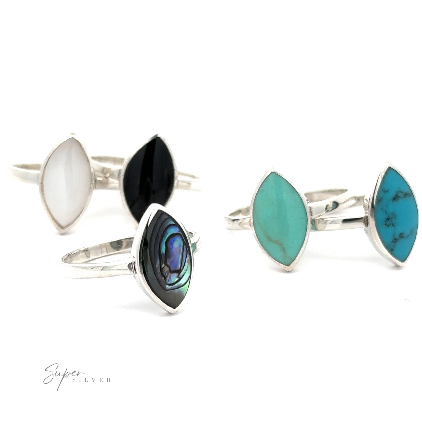 A set of Classic Marquise Inlaid Stone Rings featuring a variety of stone accents, including stunning turquoise stones.