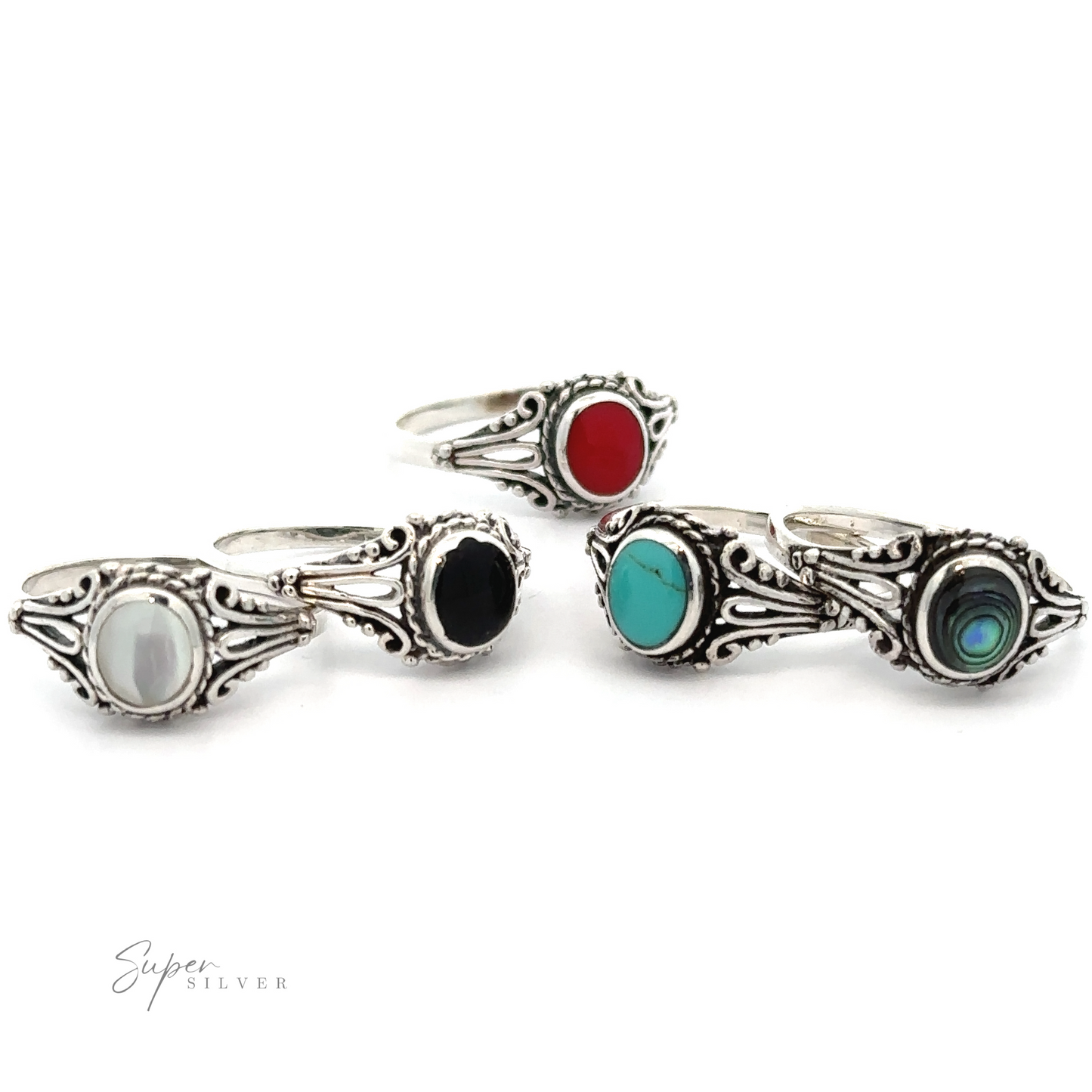 
                  
                    A set of four sterling silver Inlay Stone Rings with Twist Setting.
                  
                