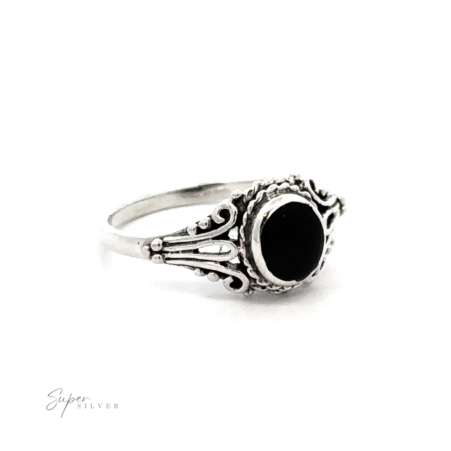 
                  
                    An ornate Inlay Stone Ring with Twist Setting with an oval black stone inlay.
                  
                