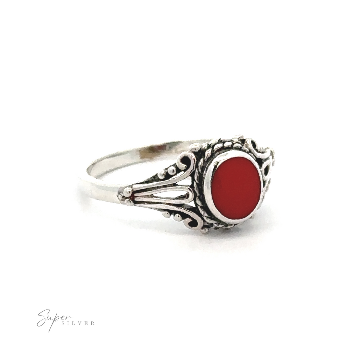 
                  
                    A sterling silver inlay stone ring with twist setting.
                  
                
