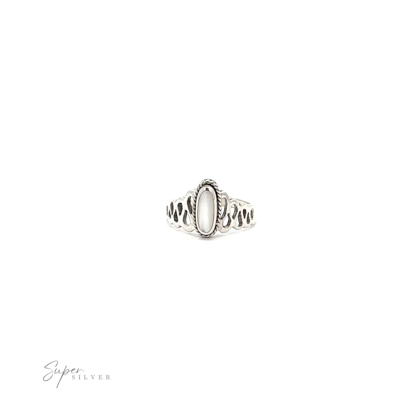 
                  
                    A Oval Inlaid Stone Ring With Wavy Squiggle Design with a unique charm on a white background.
                  
                