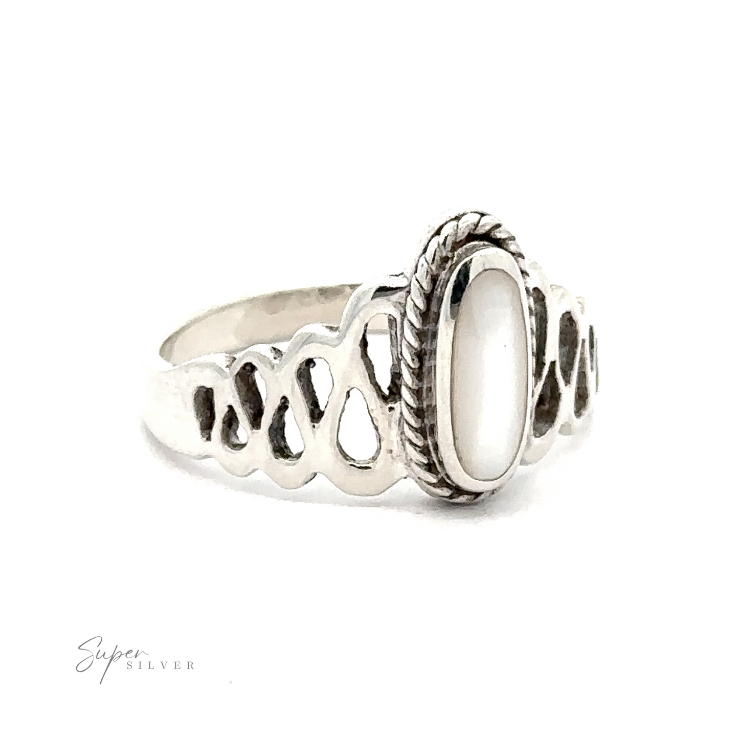 
                  
                    A Oval Inlaid Stone Ring With Wavy Squiggle Design with inlaid white mother of pearl, giving it a unique charm.
                  
                