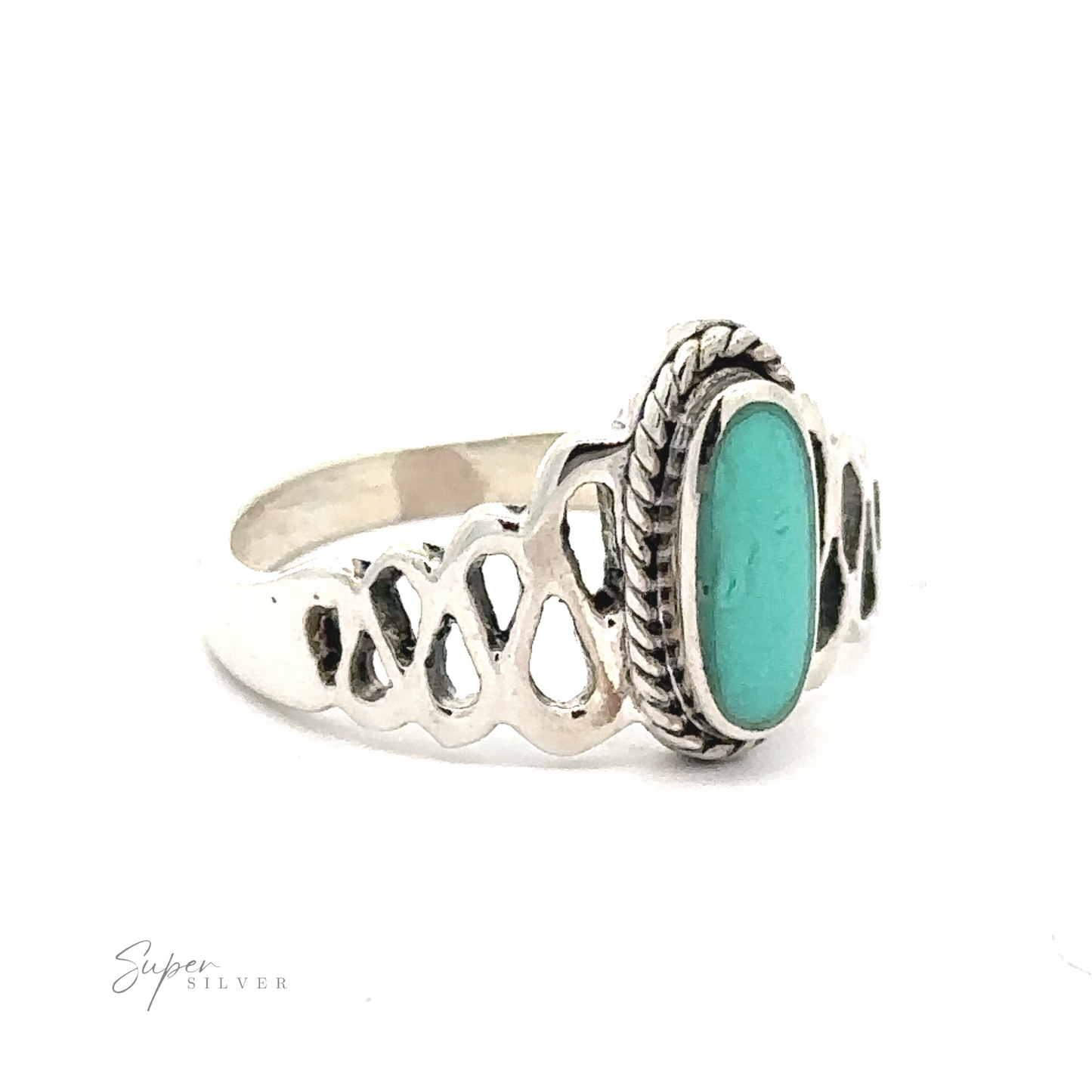 
                  
                    This Oval Inlaid Stone Ring With Wavy Squiggle Design features a turquoise stone.
                  
                