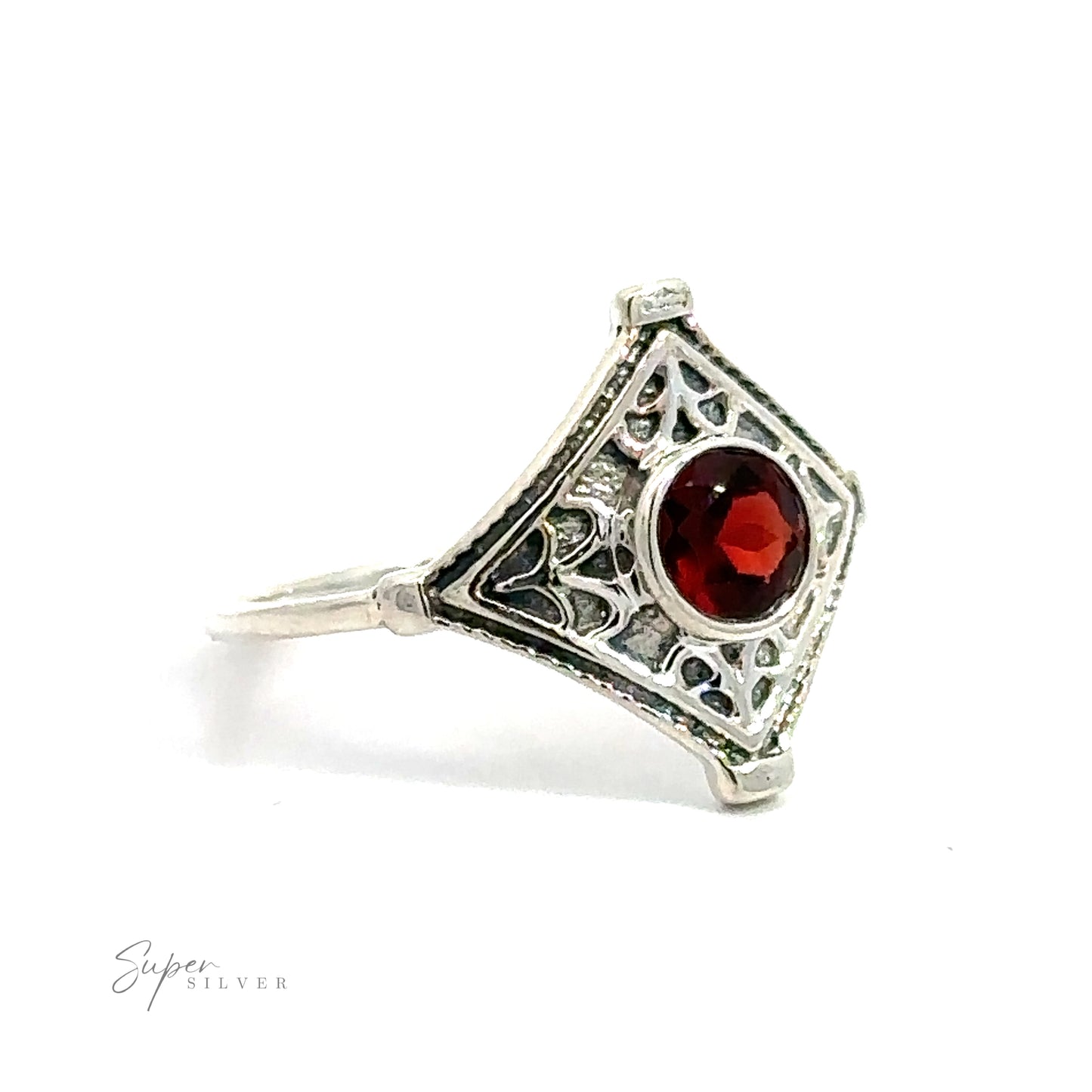 
                  
                    A Intricate Diamond Silver Ring with a Round Gemstone, crafted in .925 Sterling Silver, on a white background.
                  
                