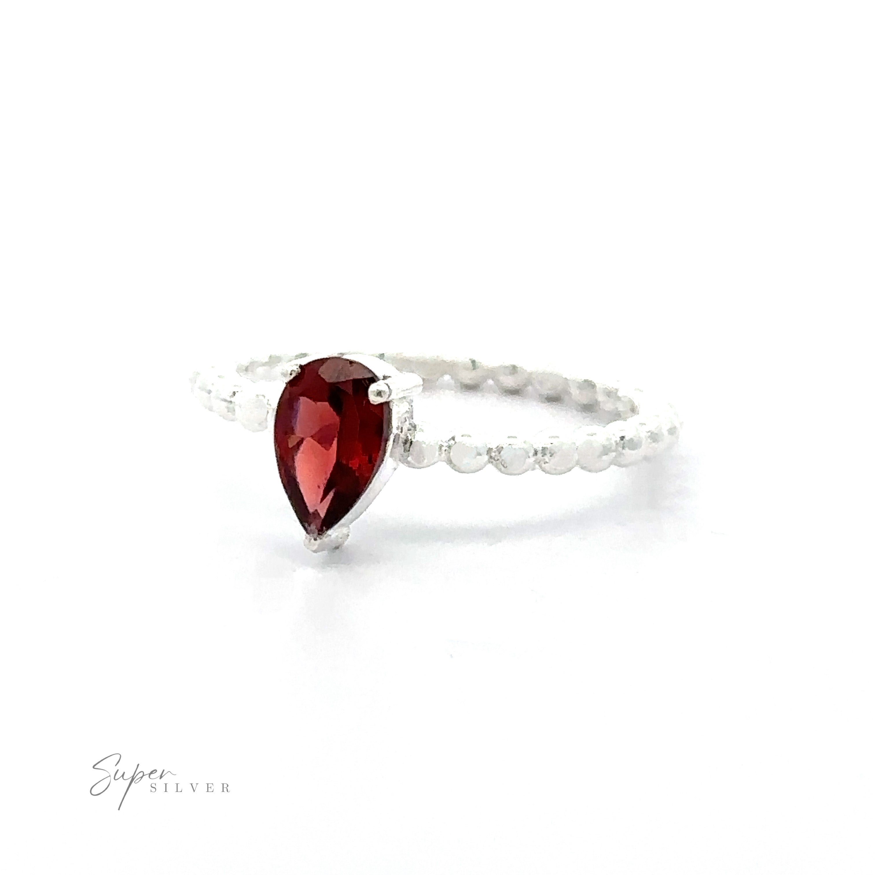 Silver ring with a .925 Sterling Silver Sparkling Teardrop Gemstone on Beaded Band.