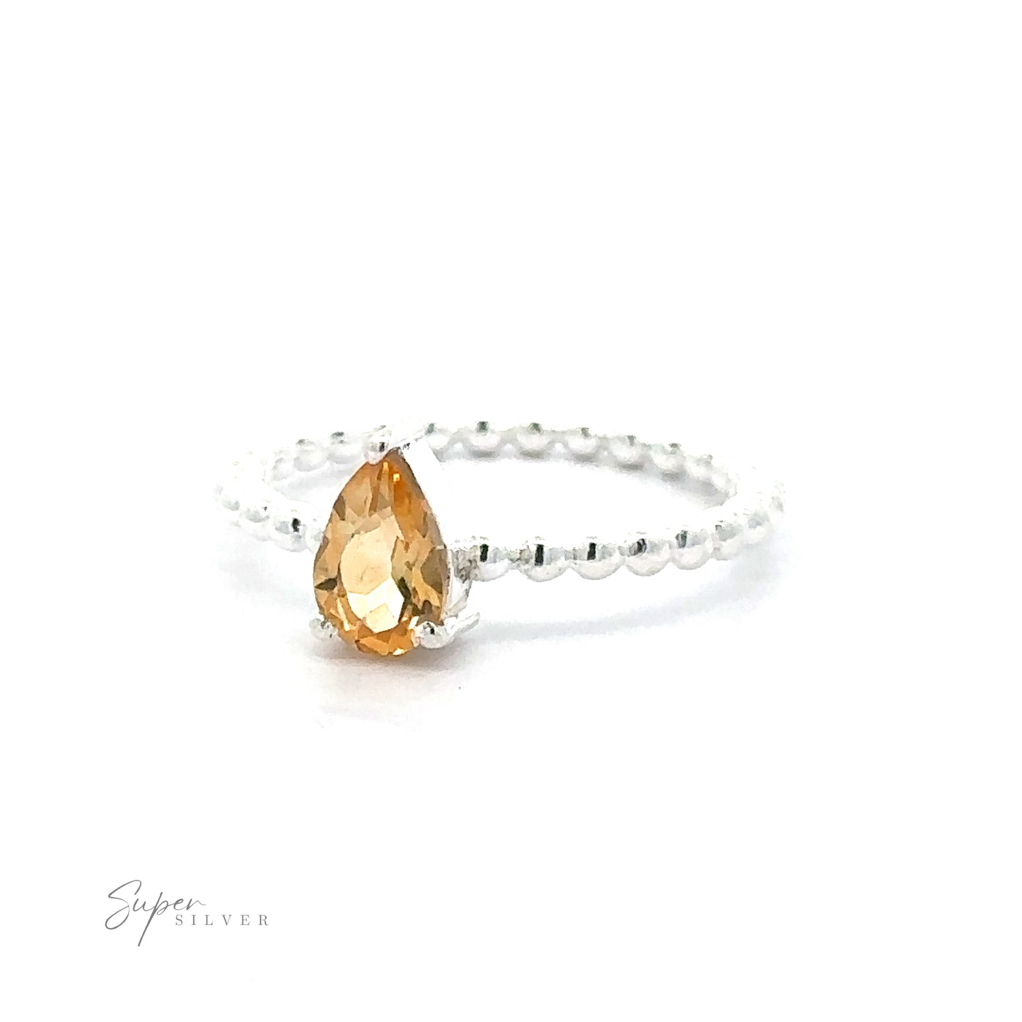 
                  
                    Sparkling Teardrop Gemstone on Beaded Band with a teardrop-shaped amber gemstone in a prong setting on a white background.
                  
                