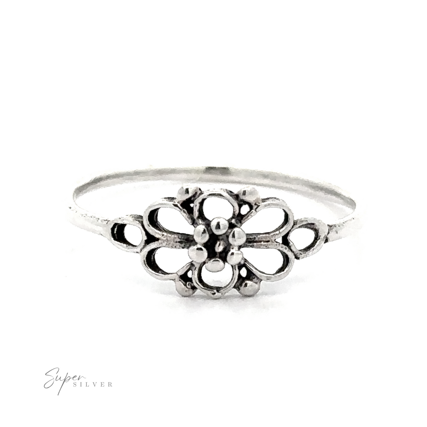 Petite Open Flower Ring with a floral design on a white background.