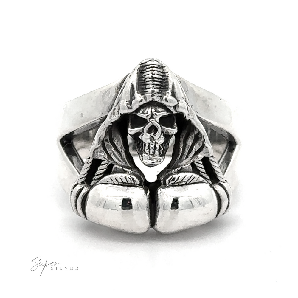 A .925 Sterling Silver ring featuring a hooded skull and boxing glove design on the front, with the inscription 