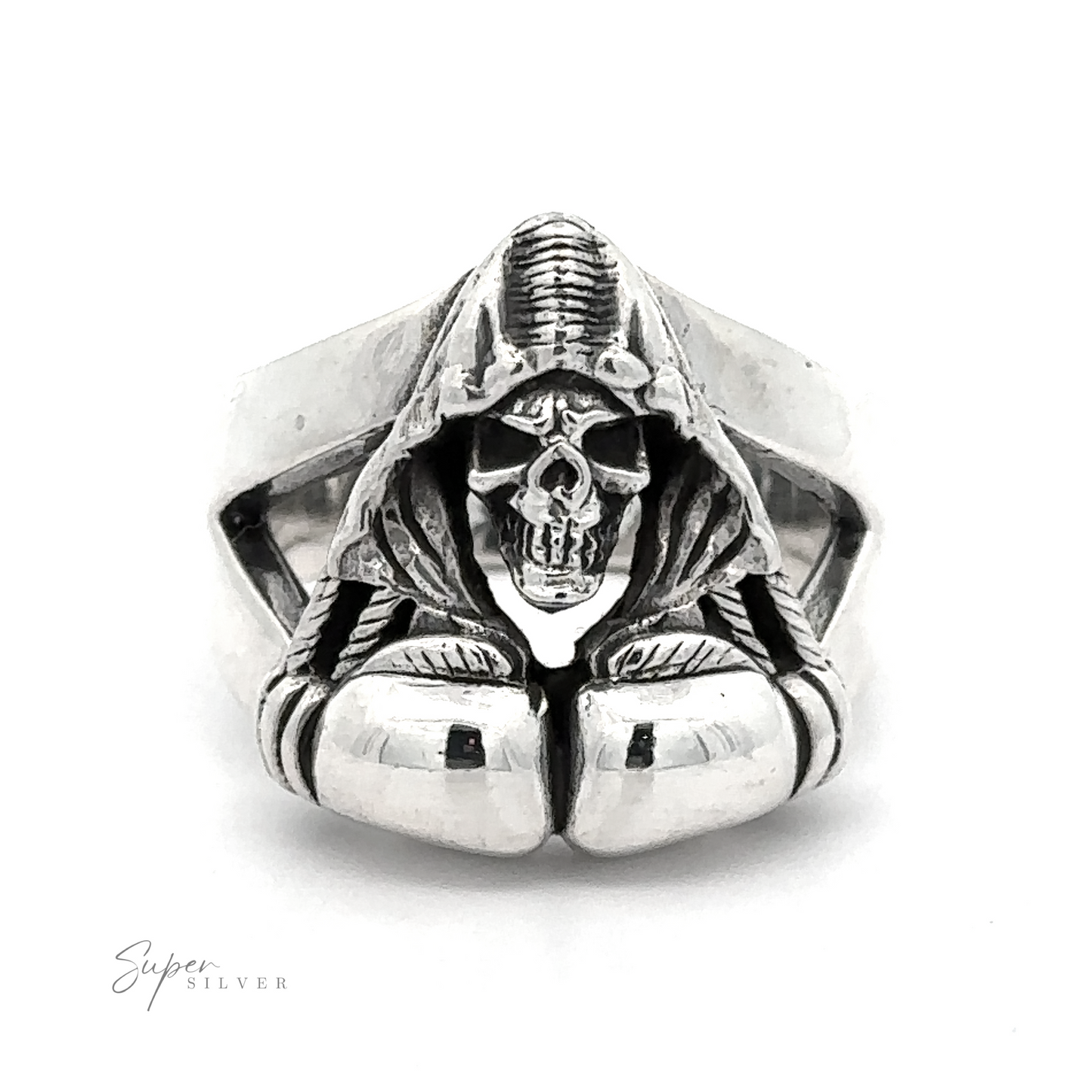 A .925 Sterling Silver ring featuring a hooded skull and boxing glove design on the front, with the inscription "Super Silver" on the bottom left corner. This Grim Reaper With Boxing Gloves Ring is made from heavy silver, adding both weight and style to any collection.