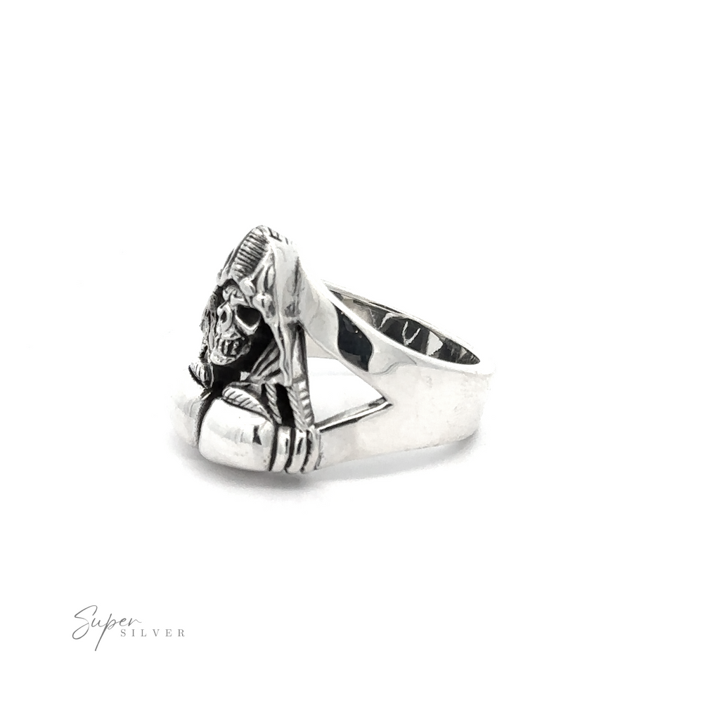 
                  
                    A heavy silver ring featuring a detailed design of an ancient Egyptian pharaoh's head, crafted in .925 Sterling Silver, with the brand name "Grim Reaper With Boxing Gloves Ring" in the bottom left corner.
                  
                