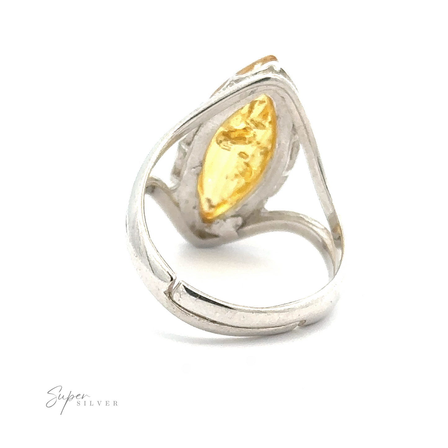 
                  
                    A Marquise-Shaped Baltic Amber Adjustable Ring with a marquise-cut yellow gemstone set in a pear-shaped design, featuring the text "Super Silver" in the bottom left corner, and an adjustable band for a perfect fit.
                  
                