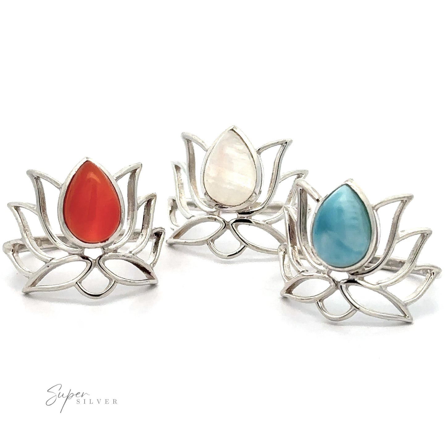 Three Online Exclusive Teardrop Stone Lotus Rings with orange, white, and blue teardrop gemstone centers displayed against a white background.