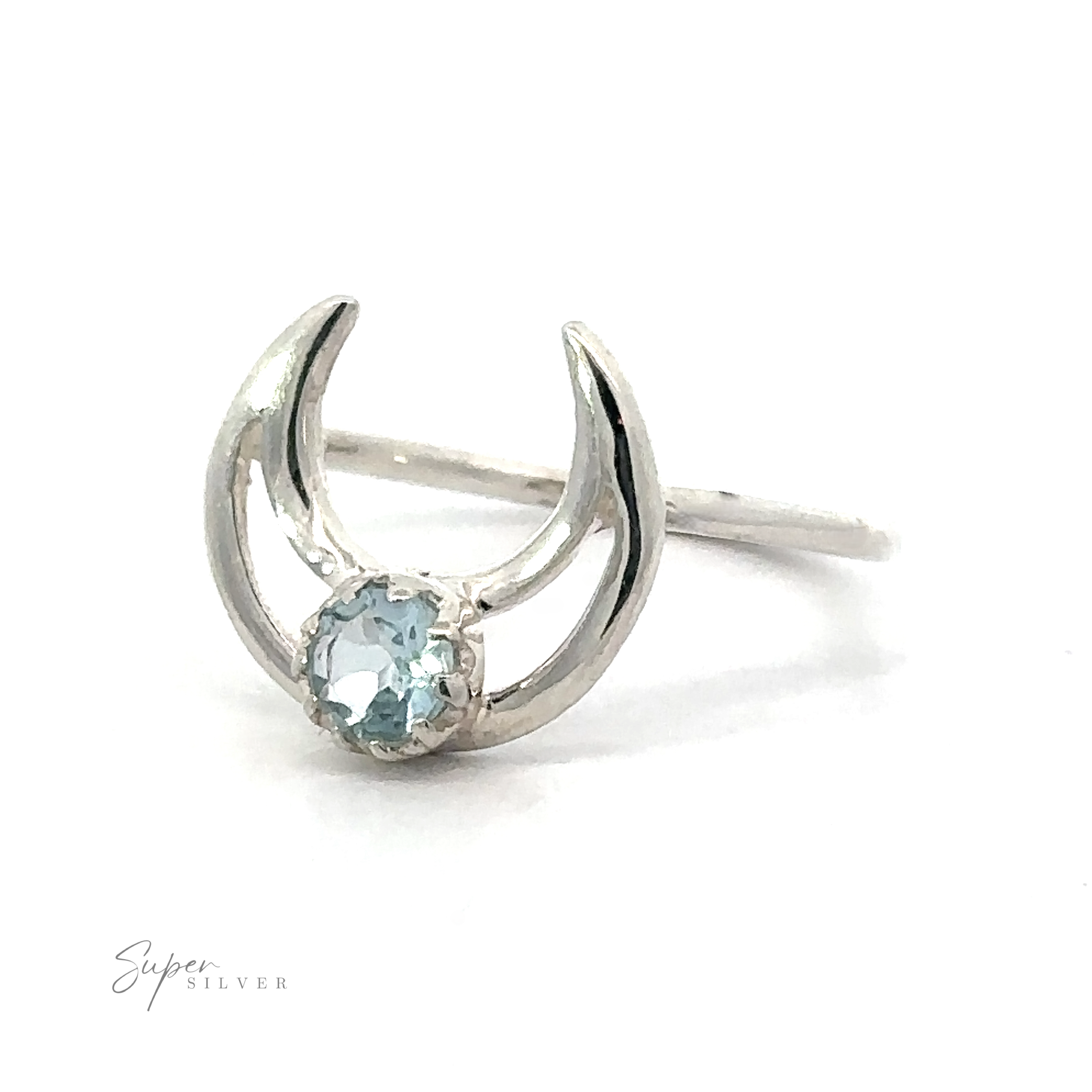 Online Exclusive Gemstone Moon Outline Ring with a central light blue moonstone on a white background.