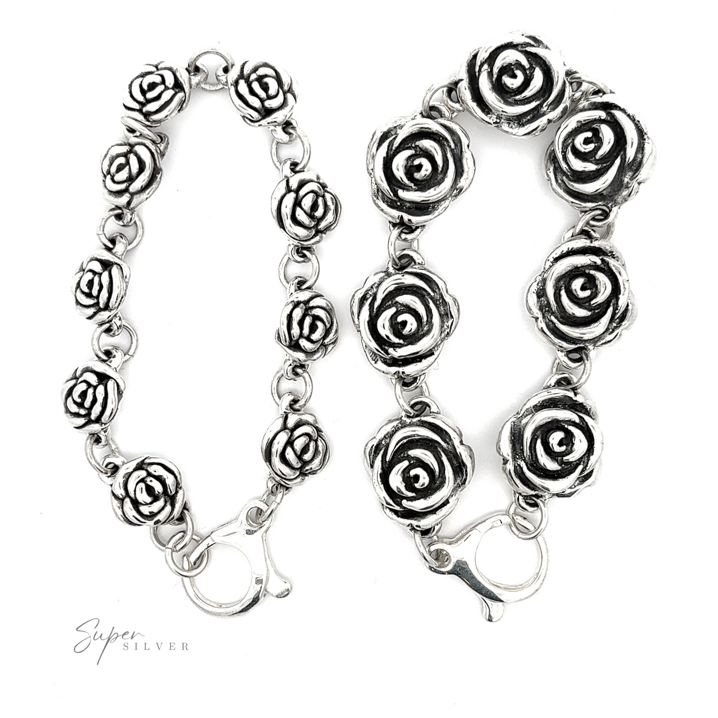 Two Chic Link Rose Bracelets are displayed side by side on a white background. One bracelet has smaller roses, the other has larger ones, giving off a vintage vibe. Both clasps are visible.