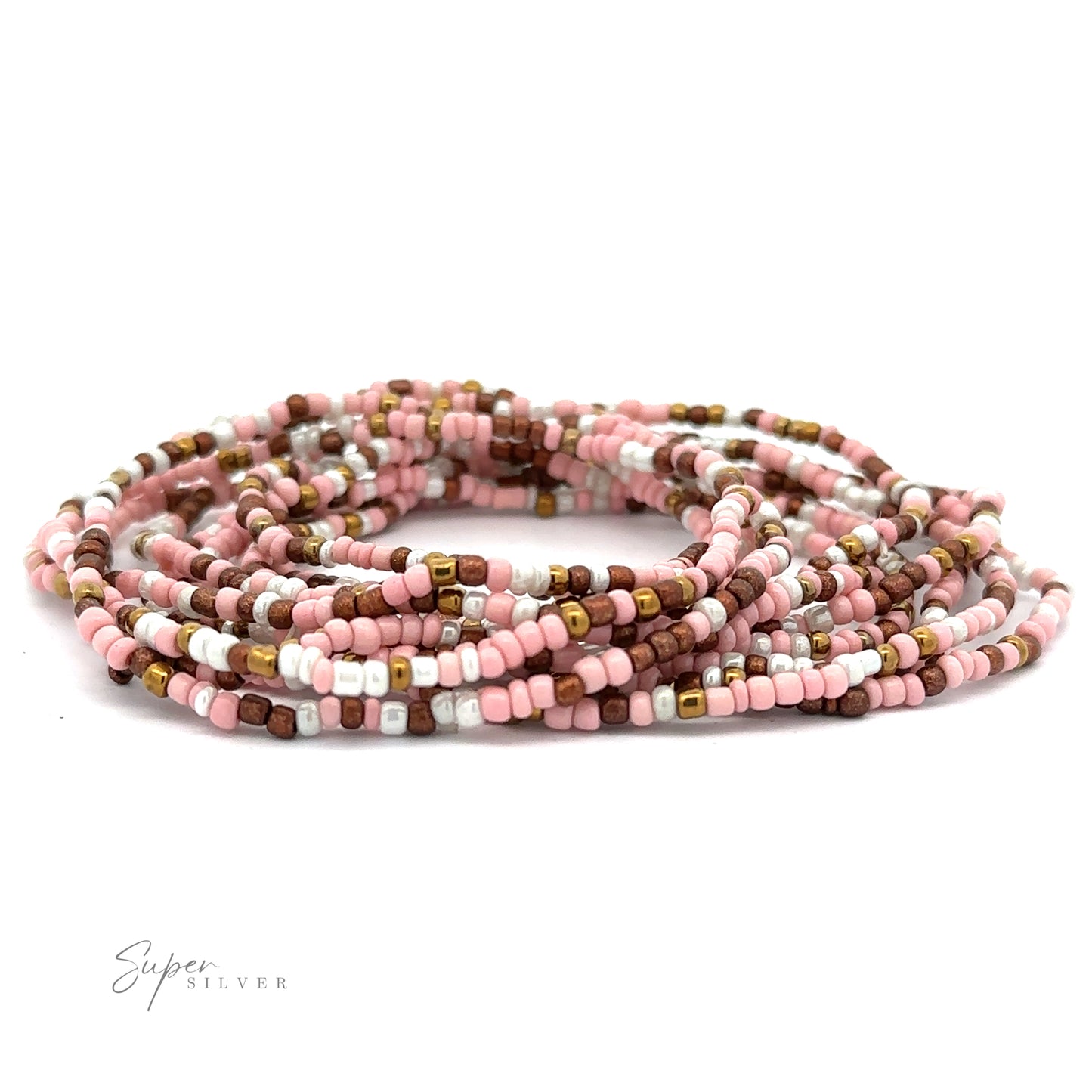 
                  
                    A coiled strand of Dainty Beaded Bracelets in shades of pink, brown, white, and gold, arranged in a loop against a white background. The "Super Silver" logo is visible in the bottom left corner.
                  
                