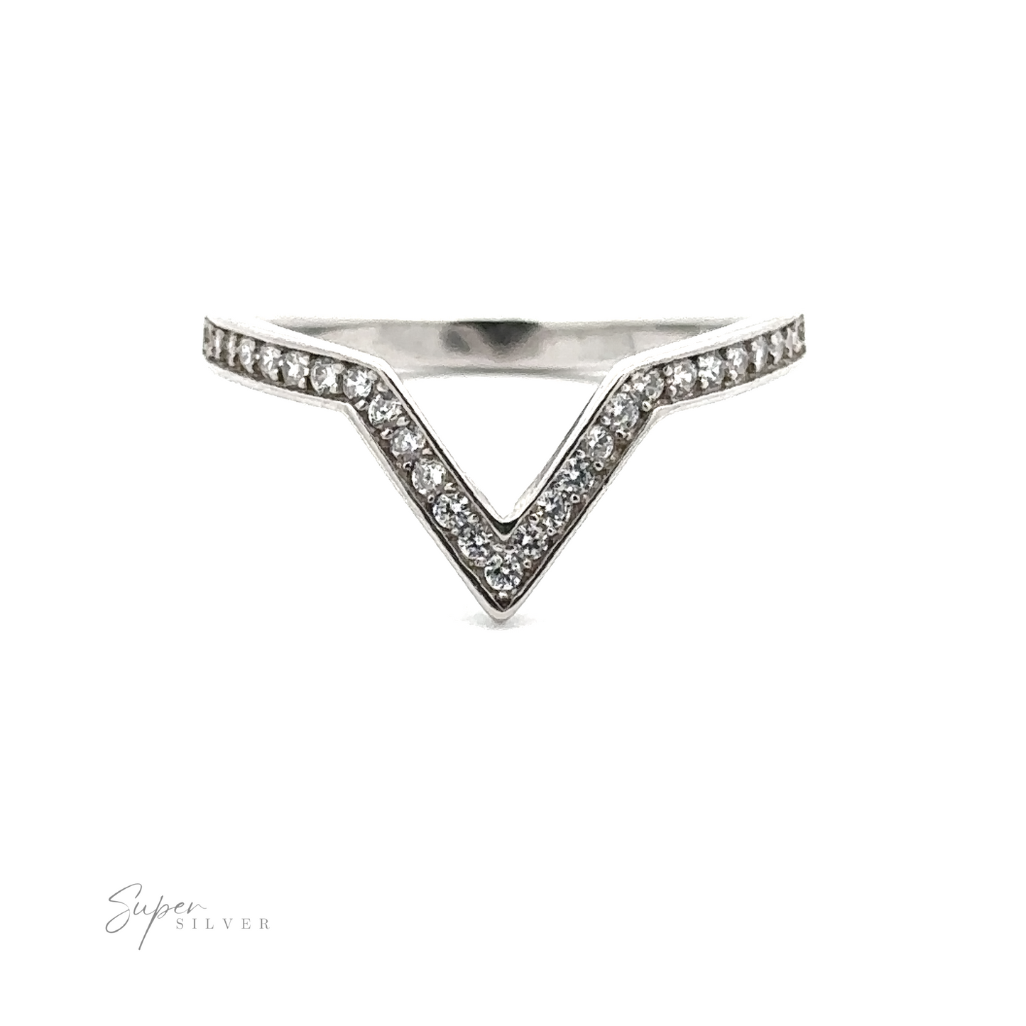 A Channel Set Cubic Zirconia Chevron Ring with small embedded diamonds and cubic zirconia, set against a white background. The words "Super Silver" are in the bottom left corner.