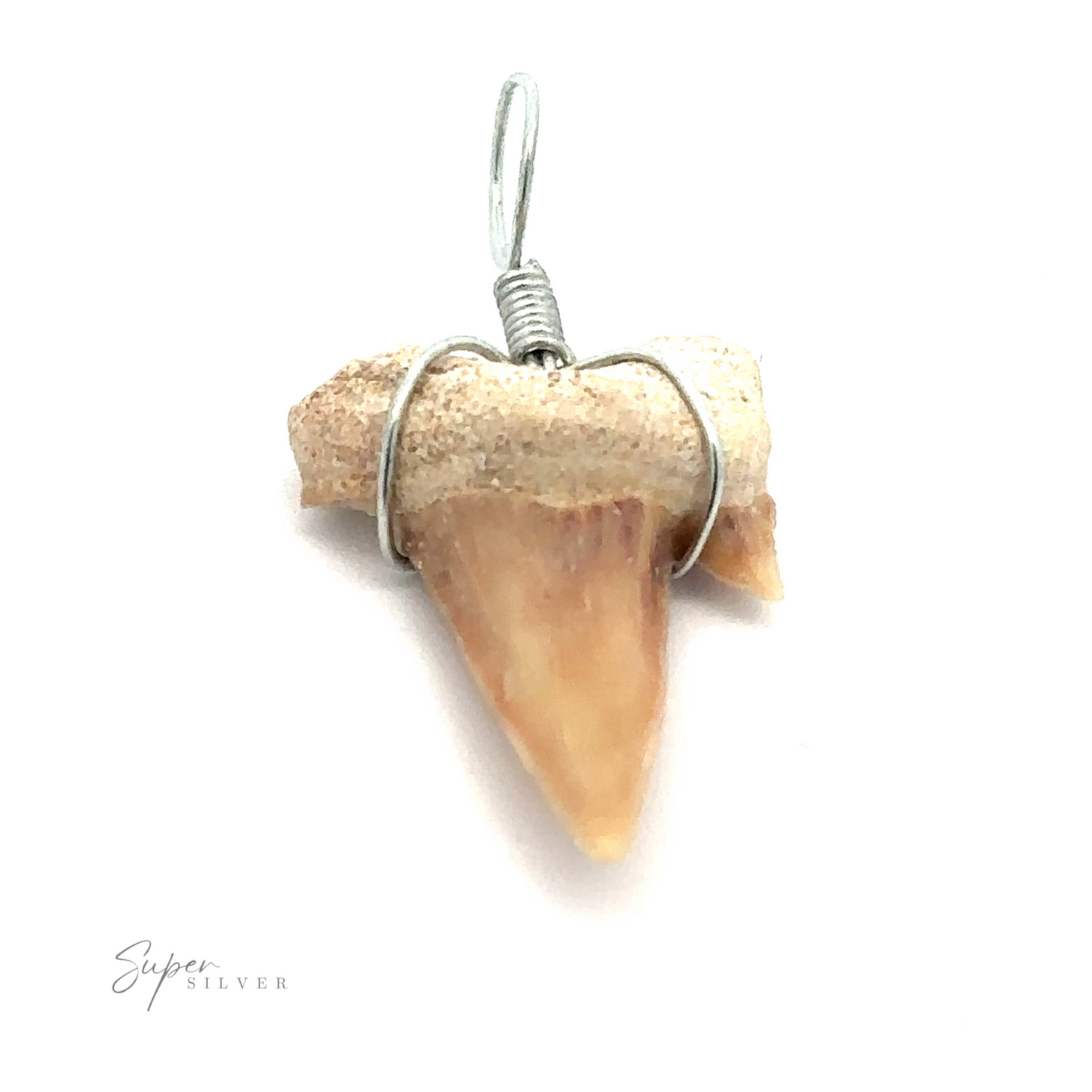 A mixed metal shark's tooth necklace wrapped in silver wire to form a pendant, labeled "Sharks Tooth Wire Wrapped Pendant.