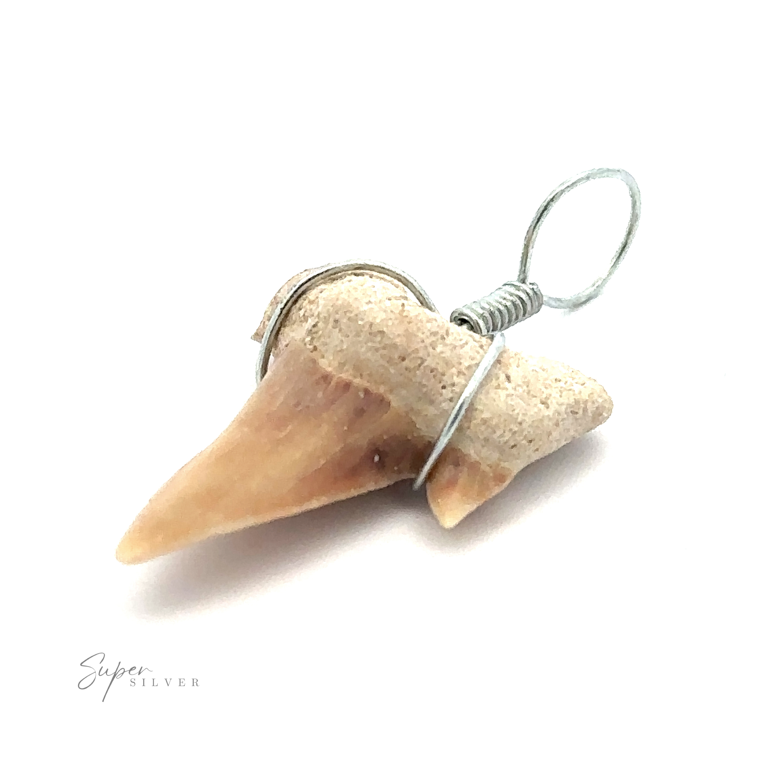 A Sharks Tooth Wire Wrapped Pendant set against a white background.