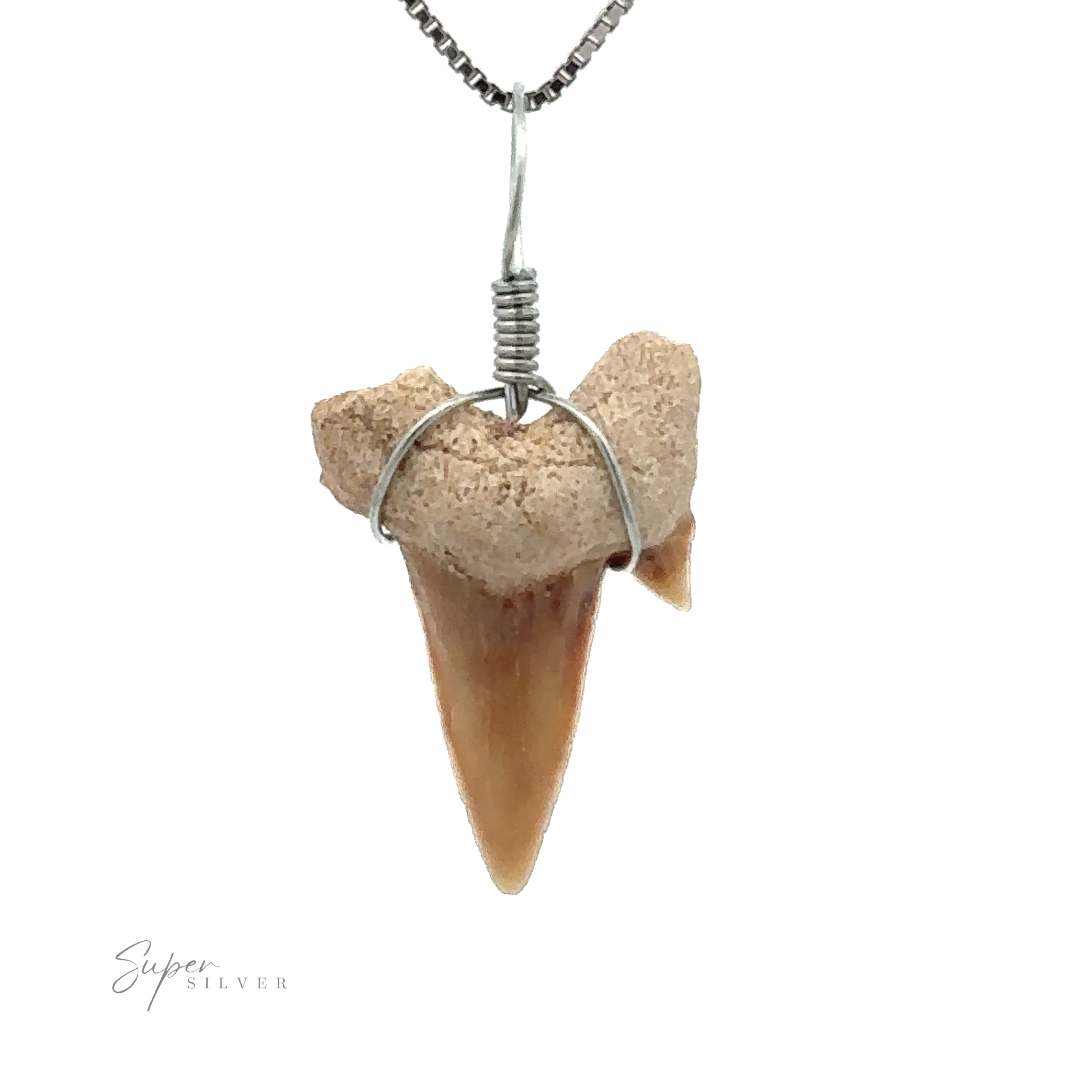 A Sharks Tooth Wire Wrapped Pendant featuring a striking pendant secured in a wire wrap, hanging elegantly from a mixed metal chain.