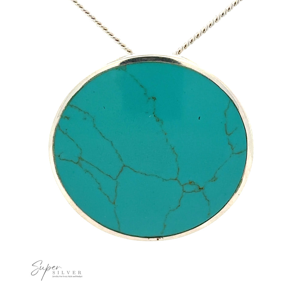 A Large Round Turquoise Pendant, featuring natural veining, is suspended from a minimalist silver chain. The text "Super Silver" is visible in the lower left corner.