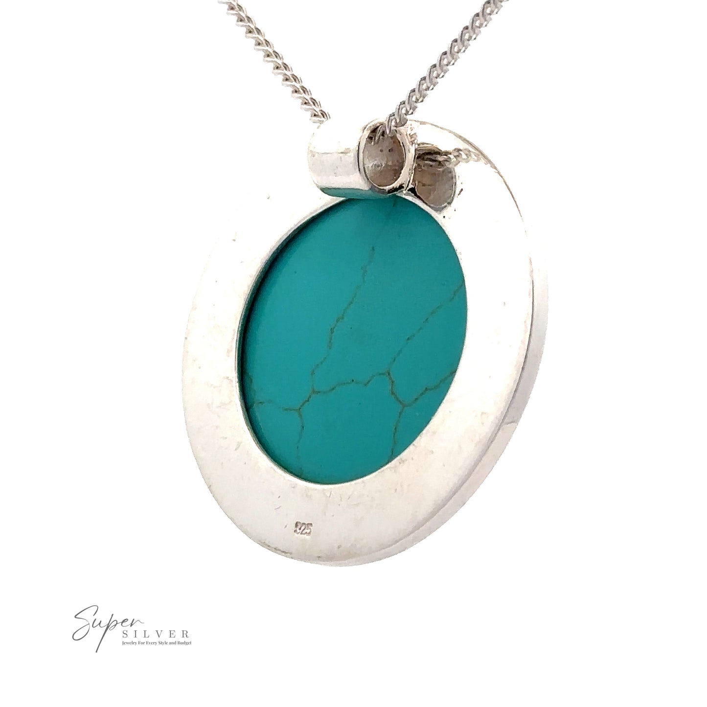 
                  
                    A minimalist silver necklace featuring a Large Round Turquoise Pendant on a thin chain. The pendant has a polished silver frame.
                  
                