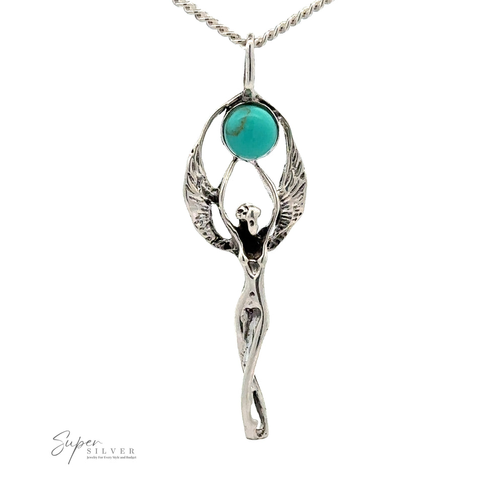 A Fairy Angel Turquoise Pendant features a winged maiden with outstretched wings, holding a turquoise stone above its head. The Super Silver logo is present in the bottom left corner.