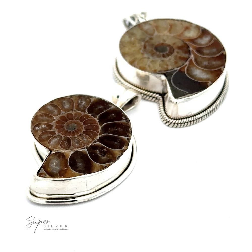Two Nautilus Pendants featuring polished, sliced ammonite fossils are displayed on a white background. The pendants showcase the intricate spiral patterns of the fossils, reminiscent of nautilus shells.
