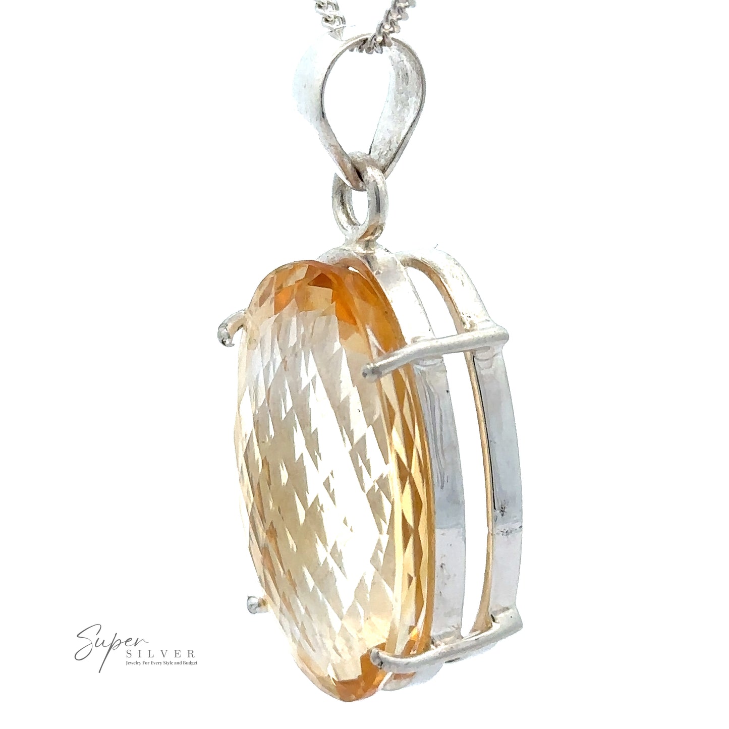 
                  
                    Brilliant Pronged Citrine Pendant with a large, oval, faceted citrine gemstone in a prong setting. The pendant, crafted in sterling silver, is attached to a silver chain. "Super Silver" logo is visible in the corner.
                  
                