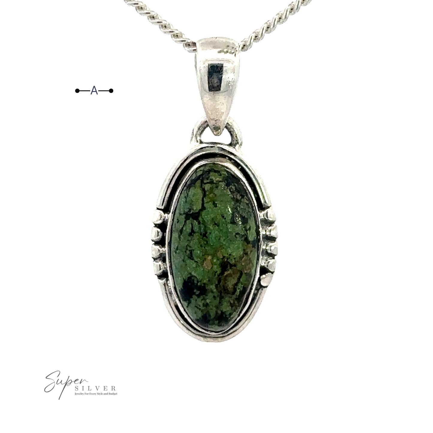 An oval-shaped green gemstone pendant set in handmade sterling silver with intricate details, hanging from a silver chain. The image also includes the "Super Silver" brand logo. 

Updated Sentence: A Natural Turquoise Elongated Oval Pendant set in handmade sterling silver with intricate details, hanging from a silver chain. The image also includes the "Super Silver" brand logo.