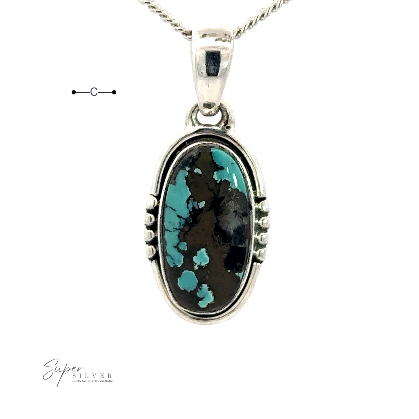 
                  
                    A Natural Turquoise Elongated Oval Pendant with a black stone set in a detailed bezel.
                  
                