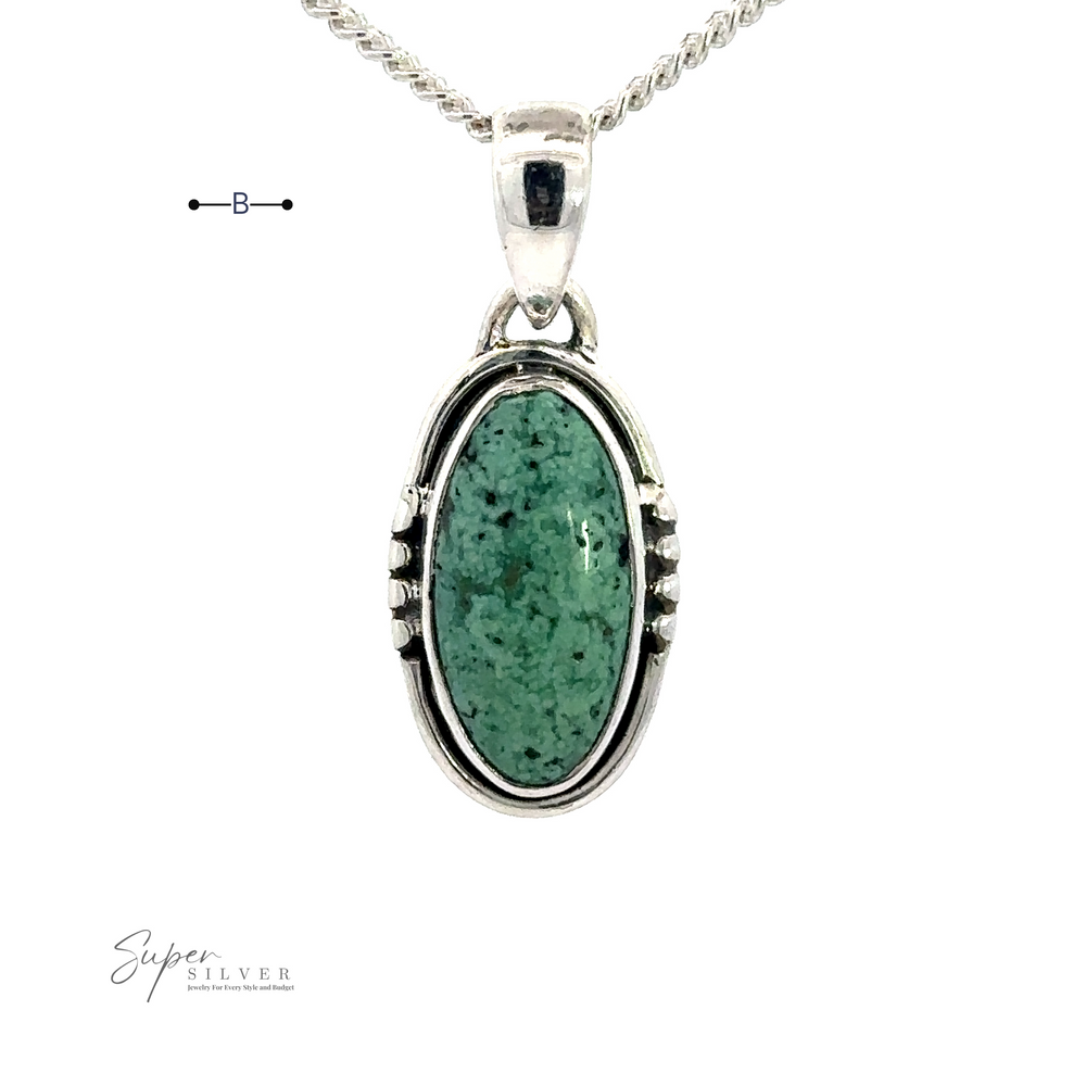 
                  
                    An oval green stone pendant set in handmade sterling silver, attached to a silver chain, with the text "Natural Turquoise Elongated Oval Pendant" in the corner.
                  
                