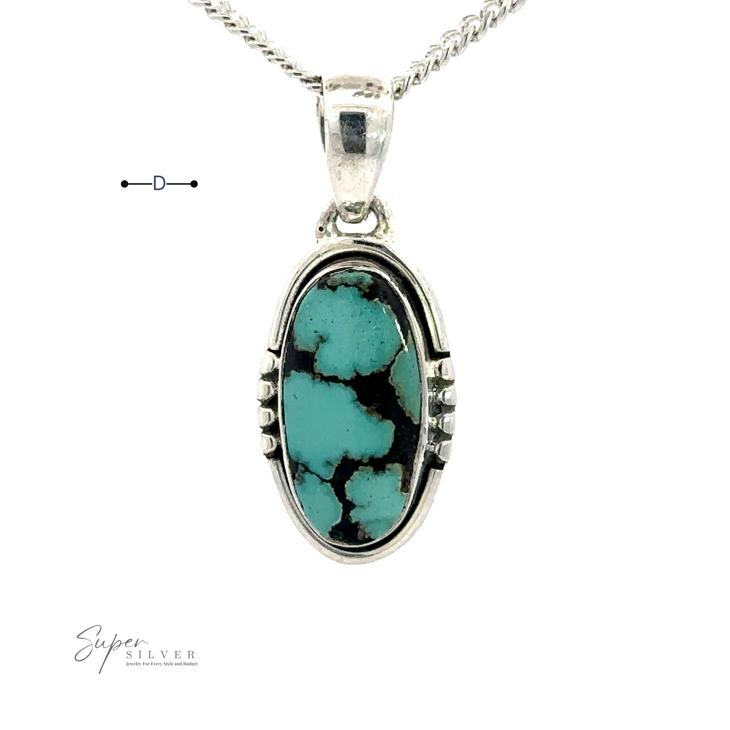
                  
                    A handmade sterling silver necklace with a Natural Turquoise Elongated Oval Pendant featuring black matrix patterns. The Natural Turquoise Elongated Oval Pendant has decorative silver accents on the sides.
                  
                