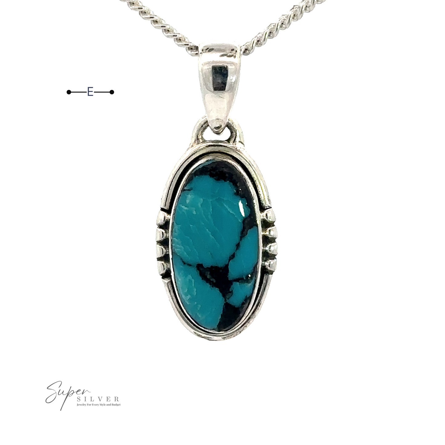 
                  
                    A Natural Turquoise Elongated Oval Pendant featuring a natural turquoise stone with black veining. The intricately designed .925 sterling silver pendant includes small, decorative details on its sides. Super Silver logo is visible at the bottom left.
                  
                