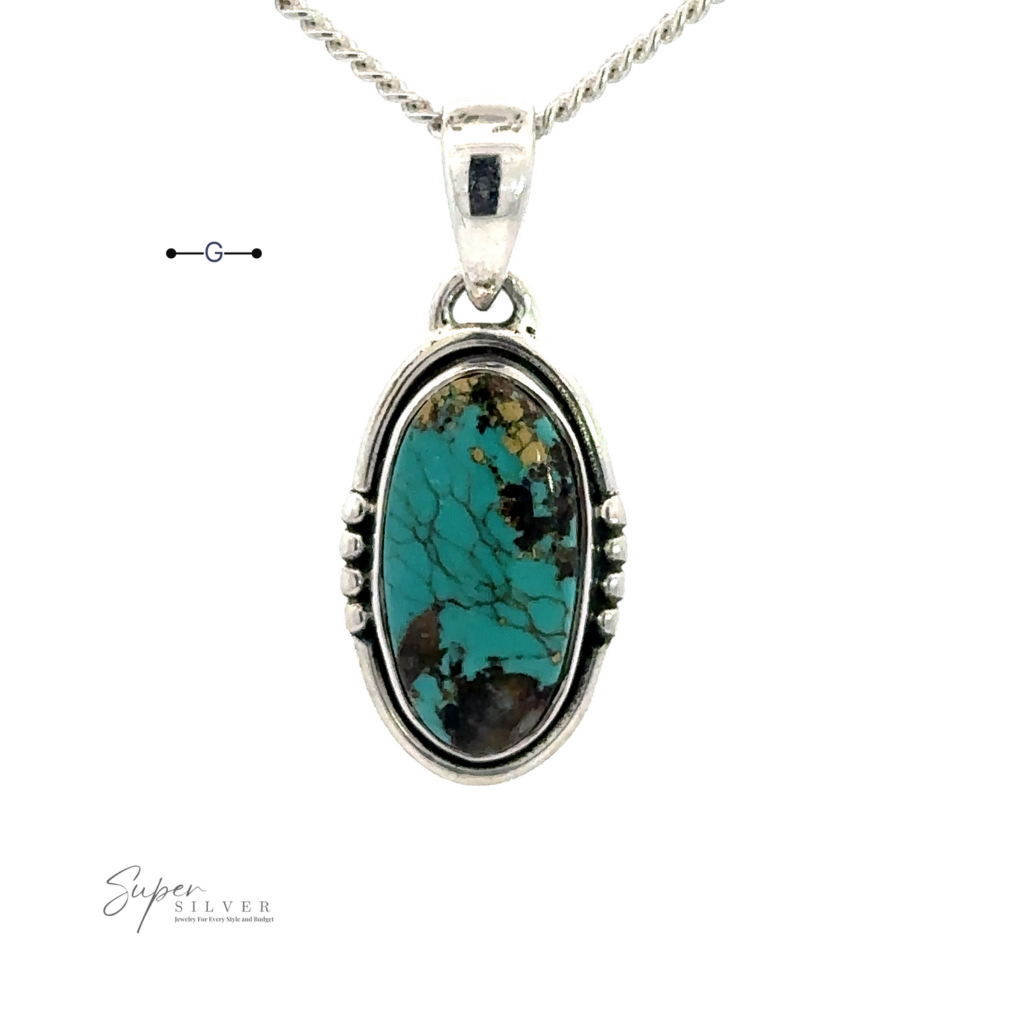 
                  
                    A handmade sterling silver necklace with a Natural Turquoise Elongated Oval Pendant featuring an oval stone with black and brown veining. The pendant has decorative elements surrounding the stone, and the brand logo "Super Silver" is visible.
                  
                
