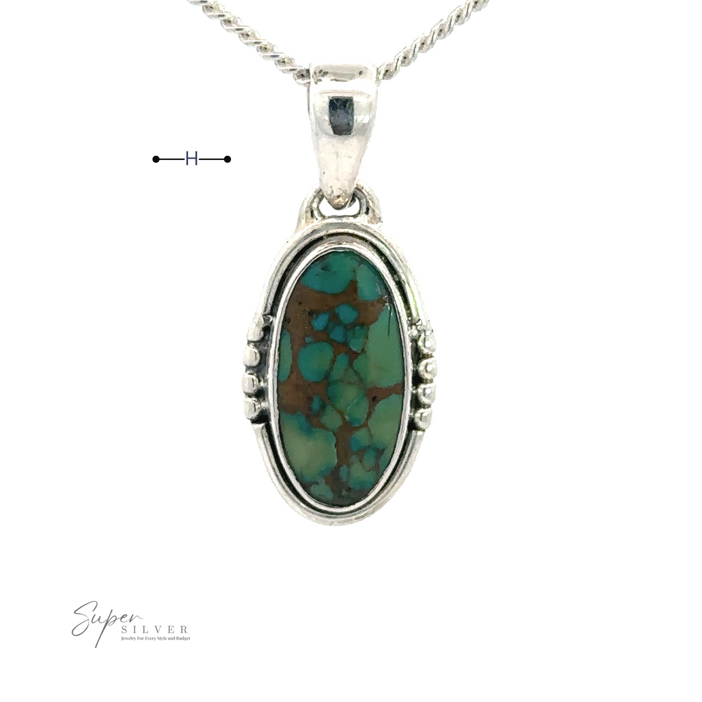 
                  
                    A handmade .925 sterling silver pendant with an oval natural turquoise stone on a twisted silver chain. The stone features a mix of green and brown patterns. The pendant is labeled "Natural Turquoise Elongated Oval Pendant" at the bottom left.
                  
                