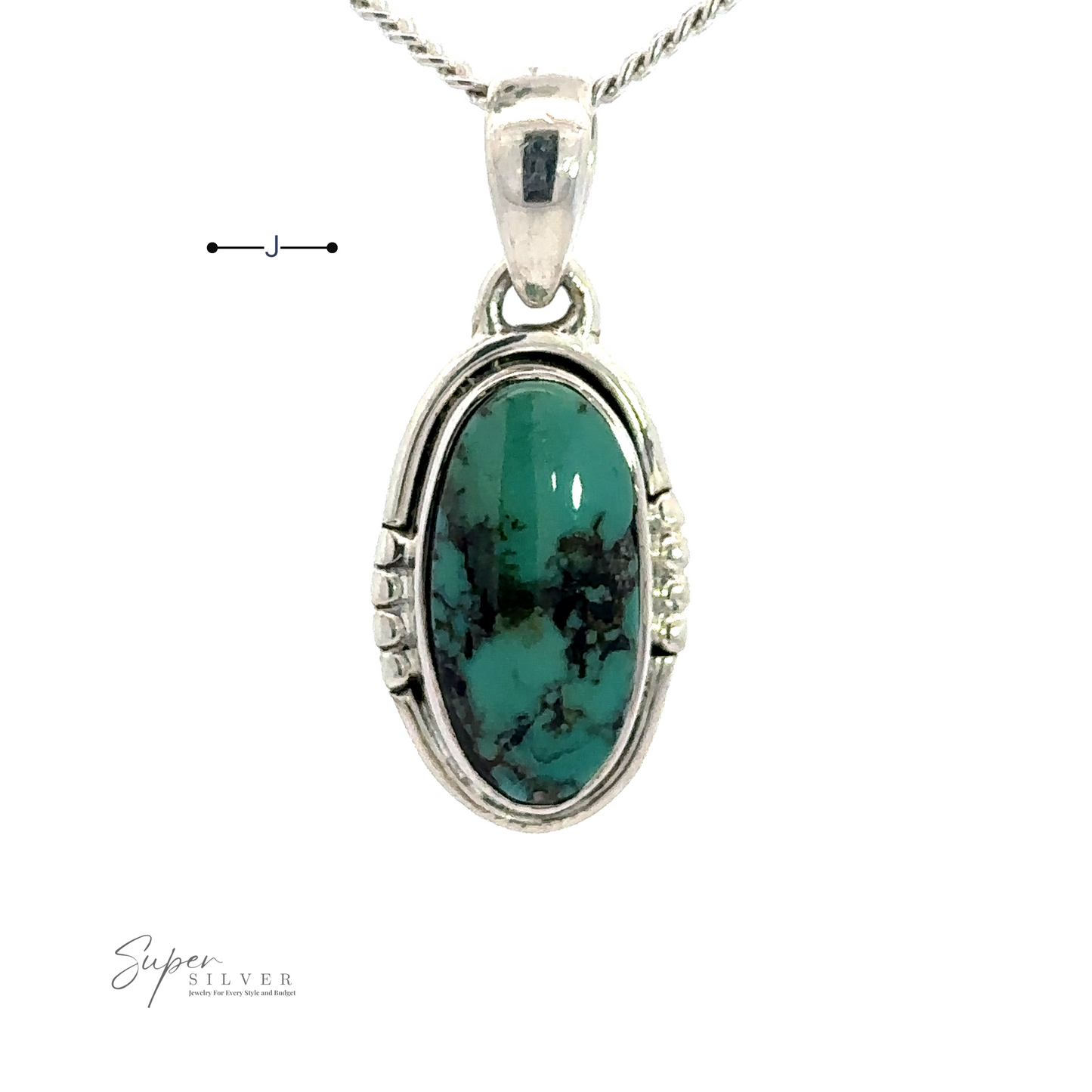 
                  
                    An elegant Natural Turquoise Elongated Oval Pendant set in handmade .925 sterling silver on a matching chain. The natural turquoise stone is beautifully complemented by an intricate design.
                  
                